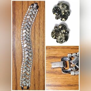 Weiss Rhinestone Bracelet & Earrings Bundle: Mid‑Century Sparkle – Silver & Gray